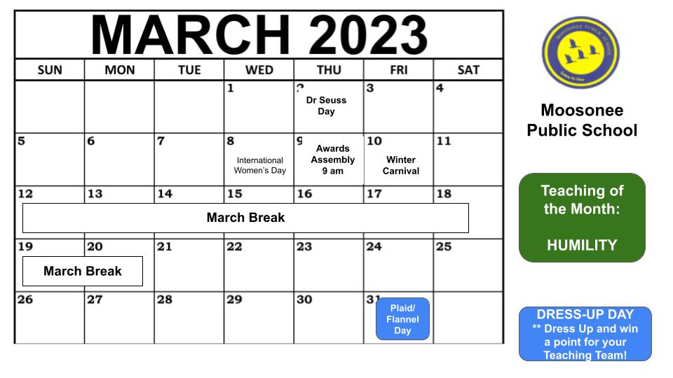 Monthly Calendars Moosonee Public School